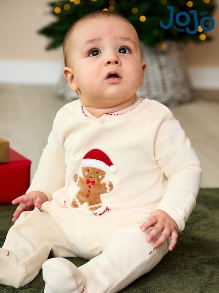 JoJo Maman Bébé Ecru My First Christmas Gingerbread Velour All-In-One (H14609) | £24