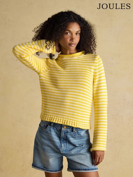 Joules Yellow & White Striped Cotton Knitted Crew Neck Jumper (H14691) | £62