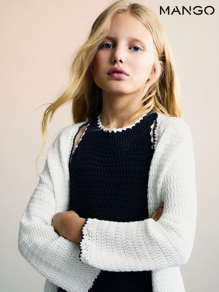 Mango White Contrast Trims Knitted 100% Cotton Cardigan (H14741) | £26