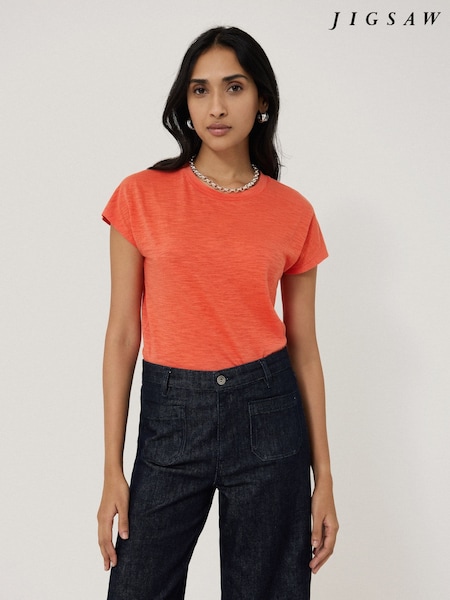 Jigsaw Orange Harlech Cap Sleeve 100% Cotton Top (H14901) | £42