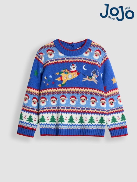 JoJo Maman Bébé Cobalt Blue Santa & Rocket Christmas Fair Isle Jumper (H15188) | £33 - £39