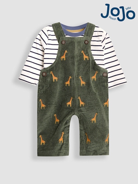 JoJo Maman Bébé Khaki Green Giraffe 2-Piece Embroidered Cord Dungarees & Top Set (H15199) | £32 - £34