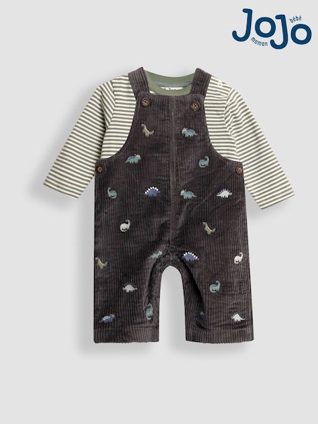 JoJo Maman Bébé Charcoal Grey Dino 2-Piece Embroidered Cord Dungarees & Top Set (H15210) | £32 - £34