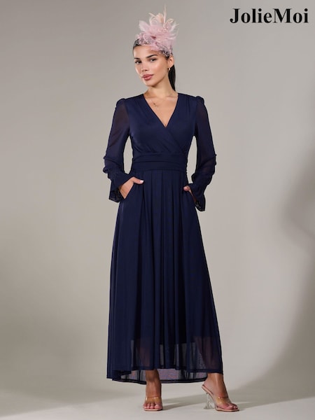Jolie Moi Navy Petite Petite Long Sleeve Soft Silky Jersey Midi Dress (H15269) | £89