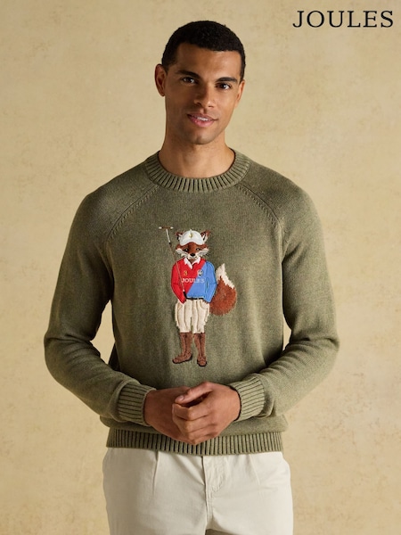 Joules 4x4 Intarsia Khaki Green Crew Neck Knitted Jumper (H15373) | £69