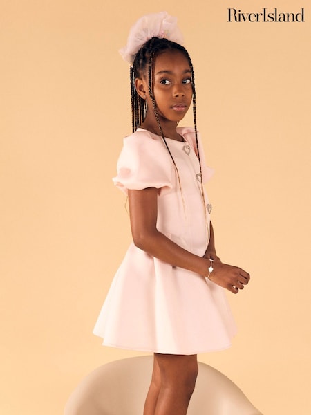 River Island Pink Girls Scuba Bow Skater Puff Dress (H15416) | £30