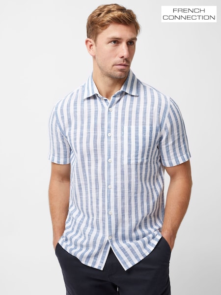 French Connection White 100% Cotton Stripe Short Sleeve Chest Pocket Button Up Shirt (H15454) | £45