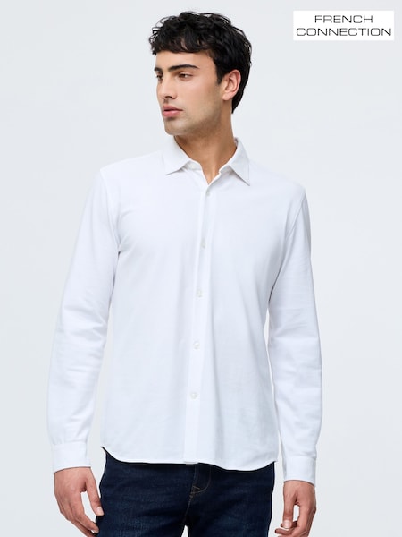 French Connection White Stretch Pique Jersey Long Sleeve Button Up Shirt (H15456) | £49