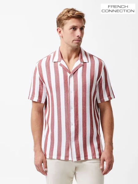French Connection Red 100% Cotton Waffle-Style Striped Short Sleeve Button Up Shirt (H15459) | £45