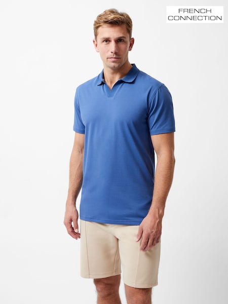 French Connection Blue Cotton Blend Stretch Open Collar Short Sleeve Polo Top (H15460) | £49