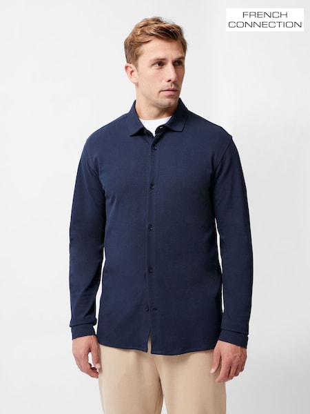 French Connection Blue Stretch Pique Jersey Long Sleeve Button Up Shirt (H15463) | £49