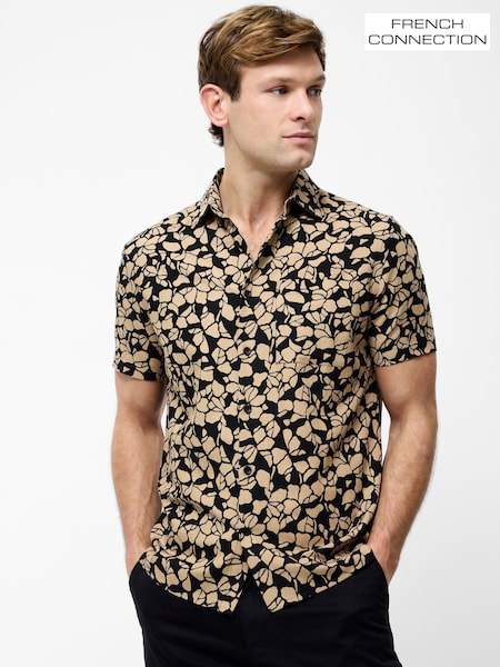 French Connection Black Cotton Linen Blend Printed Short Sleeve Chest Pocket Button Up Shirt (H15472) | £49