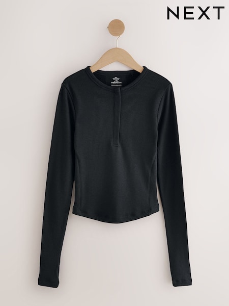 Black Thermal Long Sleeve Popper Henley Neck Top (H15655) | £16