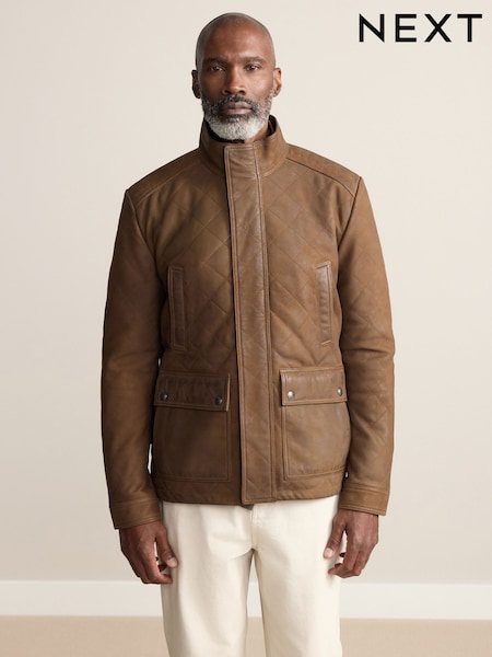 Brown Nubuck Leather Diamond Quilted Jacket (H15723) | £210