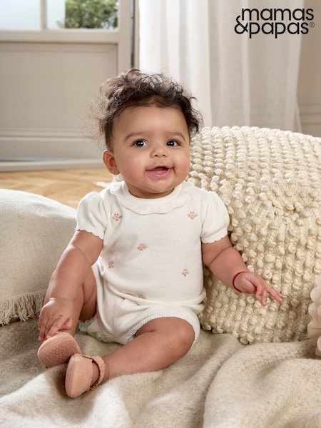 Mamas & Papas Flower Embroidered 100% Cotton White Polo & Shorts Knit Set (H15727) | £35