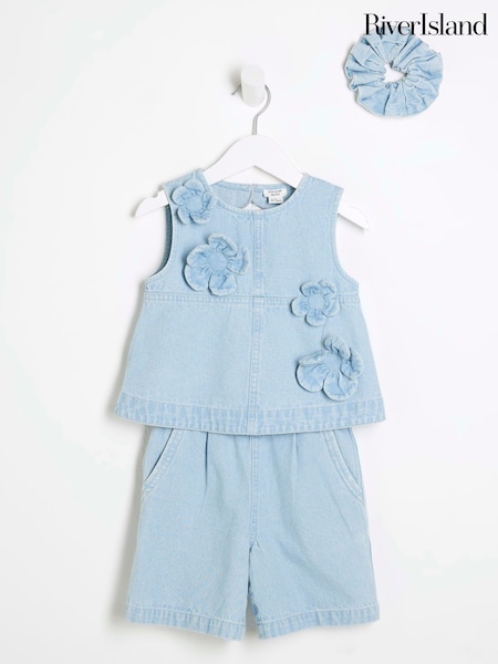 River Island Blue Girls 100% Cotton Outfit and Scrunchie Dress (H15733) | £32