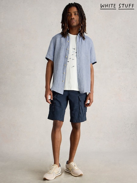 White Stuff Blue Keswick Short Sleeve 100% Linen Shirt (H15769) | £49