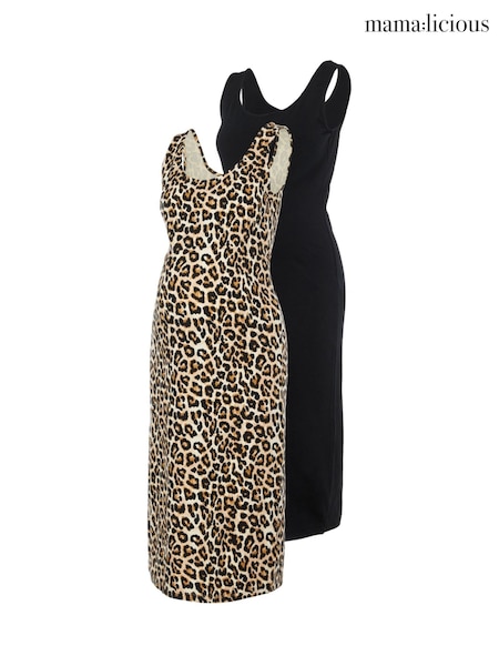 Mamalicious Black Printed And Plain Jersey Midi Dresses 2 Pack (H15814) | £45