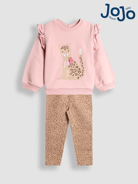 JoJo Maman Bébé Pink Leopard Appliqué Frill Sweatshirt & Legging Set (H15830) | £30 - £36