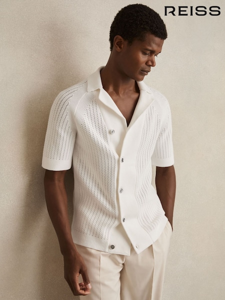 Reiss White Alphonso Cotton Textured-Knit Cuban-Collar Shirt (H15877) | £130