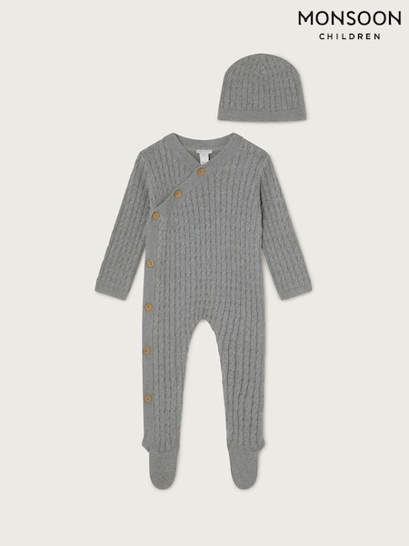 Monsoon Grey Newborn 100% Cotton Cable Knit Romper and Hat Set (H15917) | £30