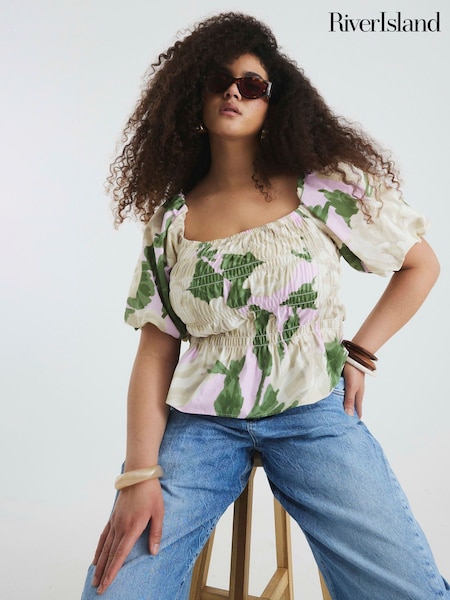 River Island Green Puff Sleeve Floral Print 100% Cotton Shirred Top (H15956) | £36