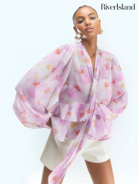 River Island Purple Sheer Floral Ruffle Blouse (H15963) | £45