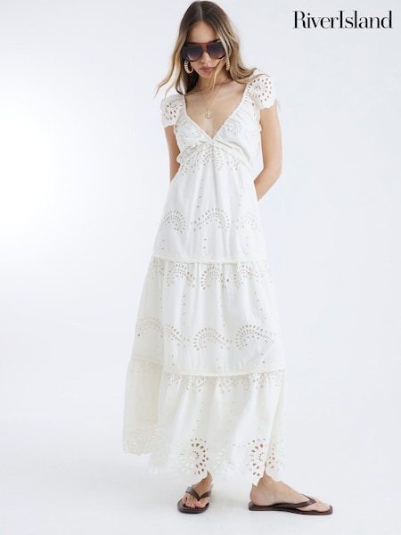 River Island Cream Broderie 100% Cotton Midi Dress (H15966) | £76