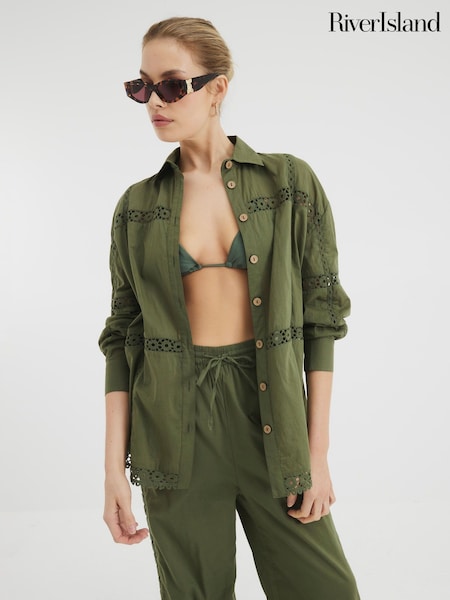 River Island Khaki Lace Insert 100% Cotton Shirt (H15967) | £36