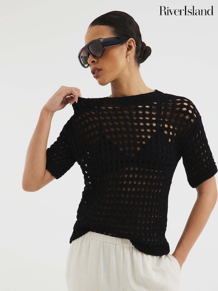 River Island Black Crochet T-Shirt (H15975) | £36