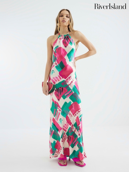 River Island Pink Halter Neck Midi Dress (H15983) | £62