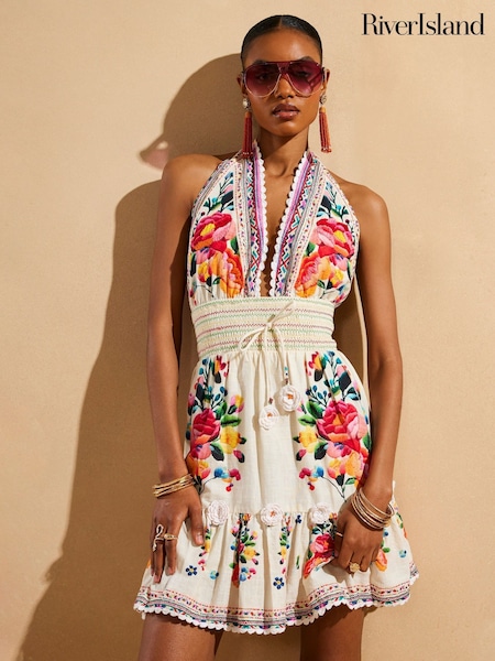 River Island Cream Del Maar Floral Print Halter Neck 100% Cotton Mini Dress (H15985) | £55