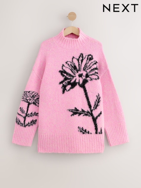 Light Pink Floral Graphic Stand Neck Jumper With Wool (H15995) | £42