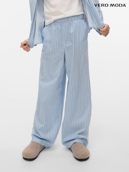 VERO MODA Blue Striped Wide Leg Elasticated Waist 100% Cotton Woven Trousers (H16011) | £28