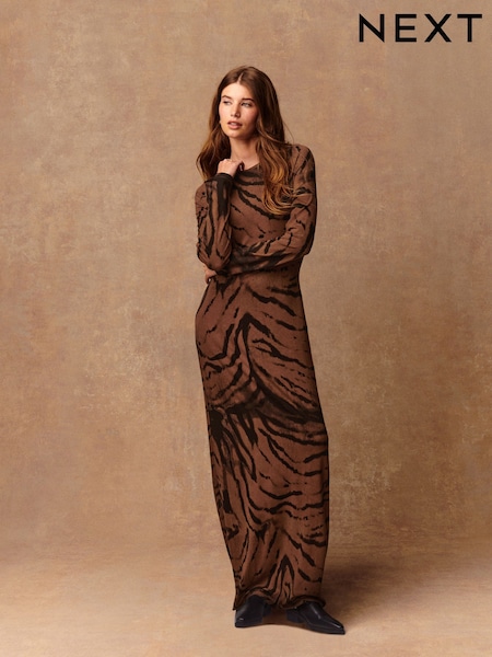 Chocolate Brown Animal Print Jersey A-line Long Sleeve Maxi Dress (H16125) | £32