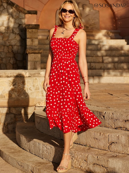Sosandar Red Petite Spot Print Tie Shoulder Midi Dress (H16129) | £59