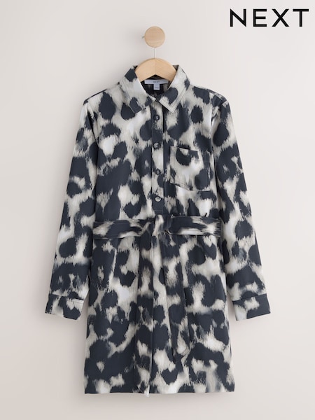 Grey Leopard Print Long Sleeve Mini Tie Waist Shirt Dress (H16145) | £39