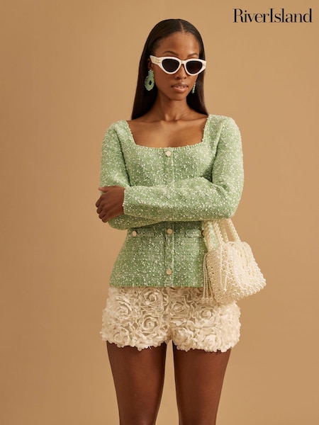 River Island Green Boucle Square Neck Long Sleeve Top (H16240) | £44
