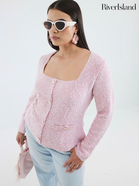 River Island Pink Boucle Square Neck Long Sleeve Top (H16241) | £44