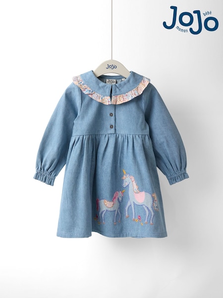 JoJo Maman Bébé Blue Appliqué Frill Collar Denim Dress (H16252) | £28 - £34