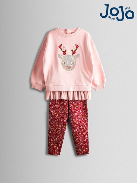 JoJo Maman Bébé Pink Reindeer Sequin Sweatshirt & Leggings Set (H16261) | £30 - £36