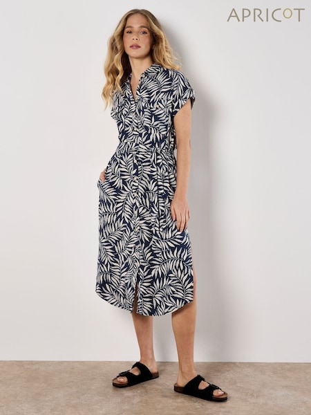 Apricot Blue Flowing Leaves Belted Shirt Dress (H16355) | £46