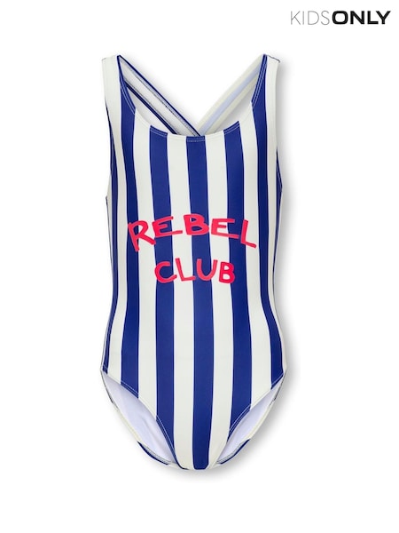 ONLY KIDS Blue Rebel Club Stripe Slogan Swimsuit (H16369) | £22