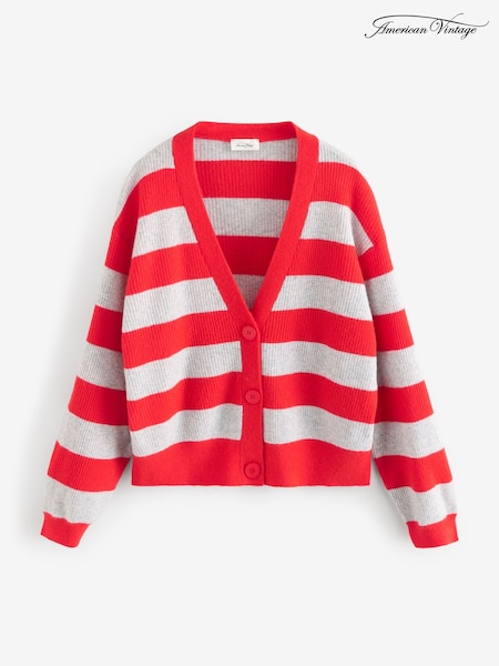 American Vintage Red Raxow Long Sleeve V-Neck Stripe Cardigan (H16429) | £190