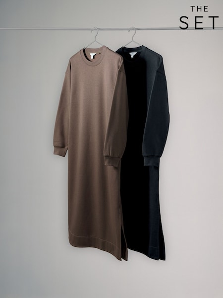 The Set Black / Brown 2 Pack Crew Neck Long Sleeve Jersey Dress (H16486) | £35