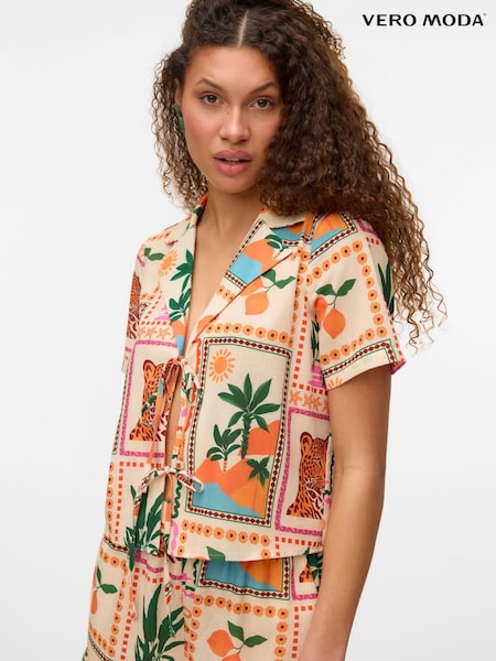 VERO MODA Pink Tropical Postcard Print Tie Front Shirt (H16540) | £35