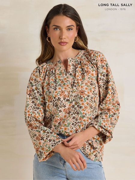 Long Tall Sally Natural Ditsy Half Button Shirt (H16555) | £30