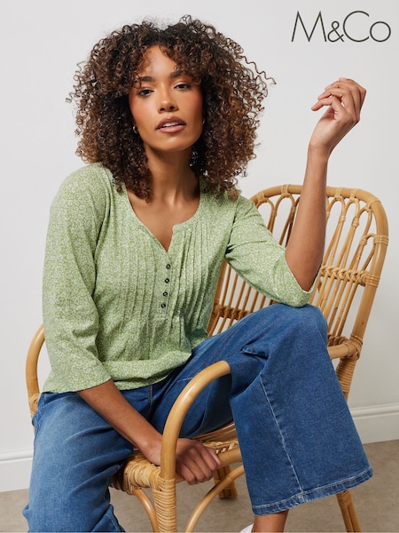 M&Co Green 100% Cotton Ditsy 3/4 Sleeve Henley T-Shirt (H16556) | £24