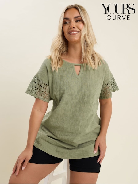 Yours Curve Green Crochet Cheesecloth 100% Cotton T-Shirt (H16559) | £29