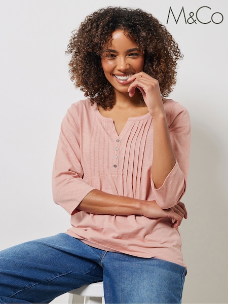 M&Co Pink 100% Cotton 3/4 Sleeve Henley T-Shirt (H16561) | £24